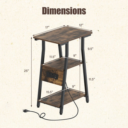 Industrial Side Table with Charging Station & 3-Tier Shelves