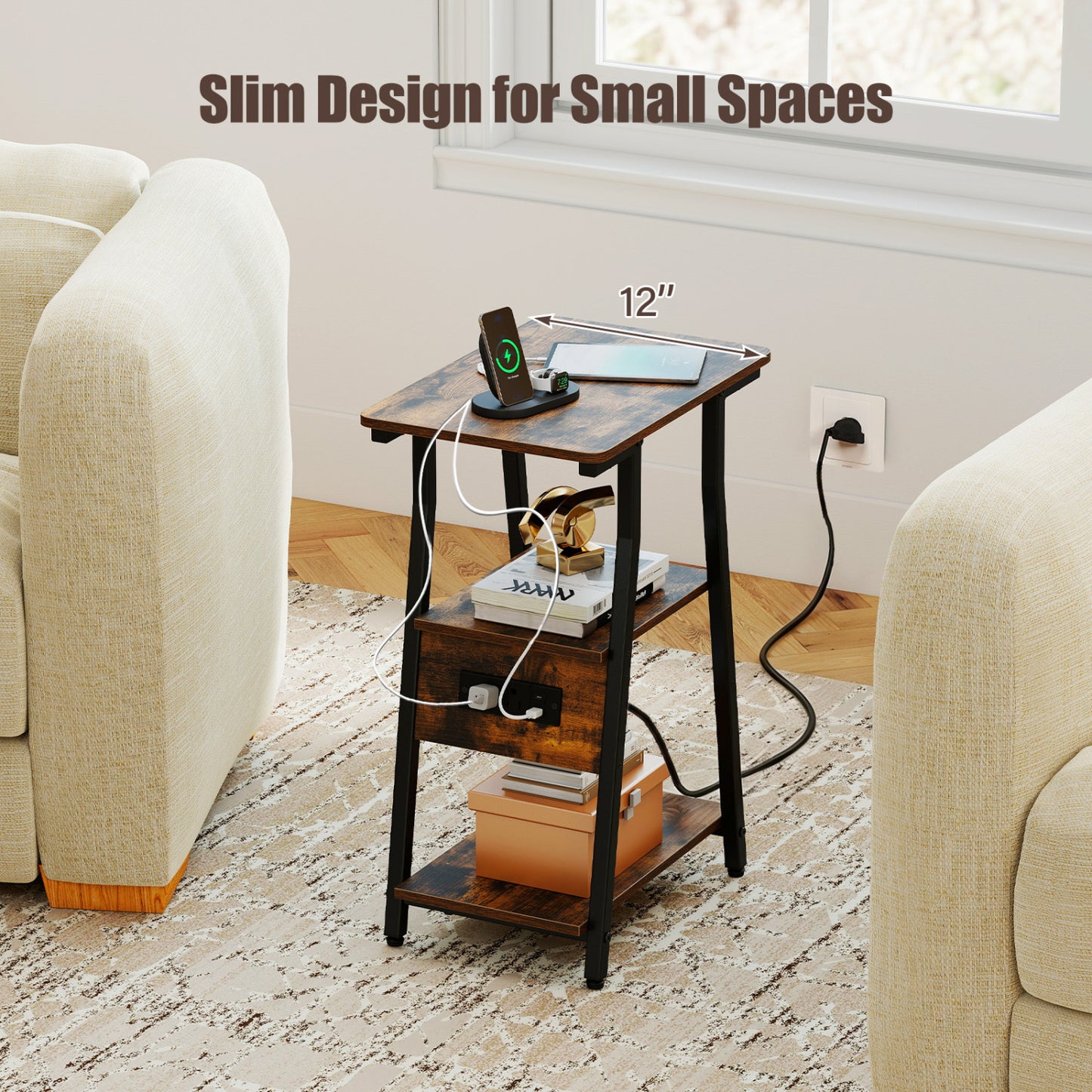Industrial Side Table with Charging Station & 3-Tier Shelves