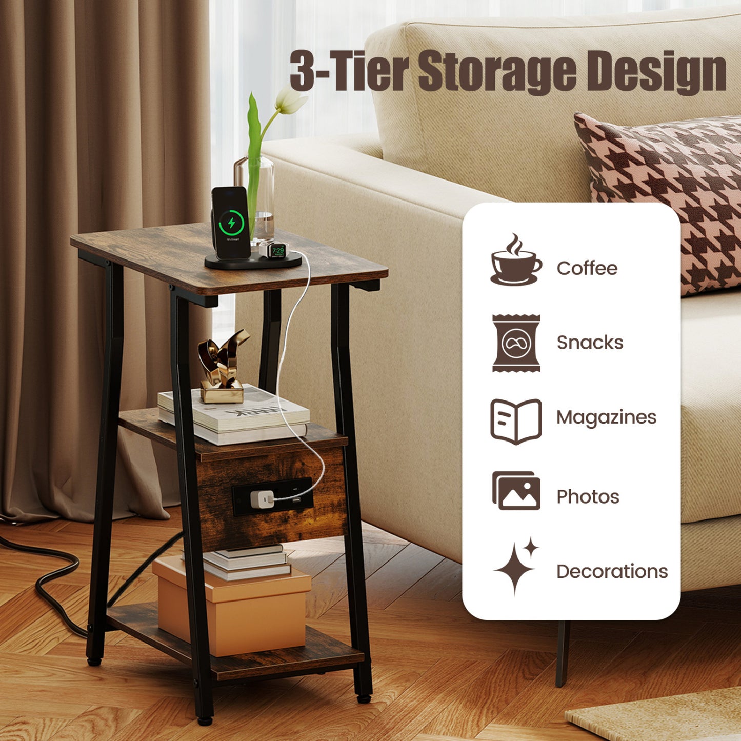 Industrial Side Table with Charging Station & 3-Tier Shelves