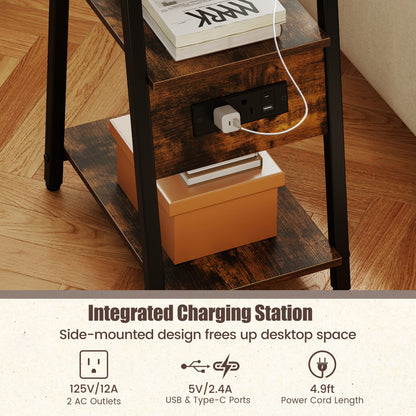 Industrial Side Table with Charging Station & 3-Tier Shelves