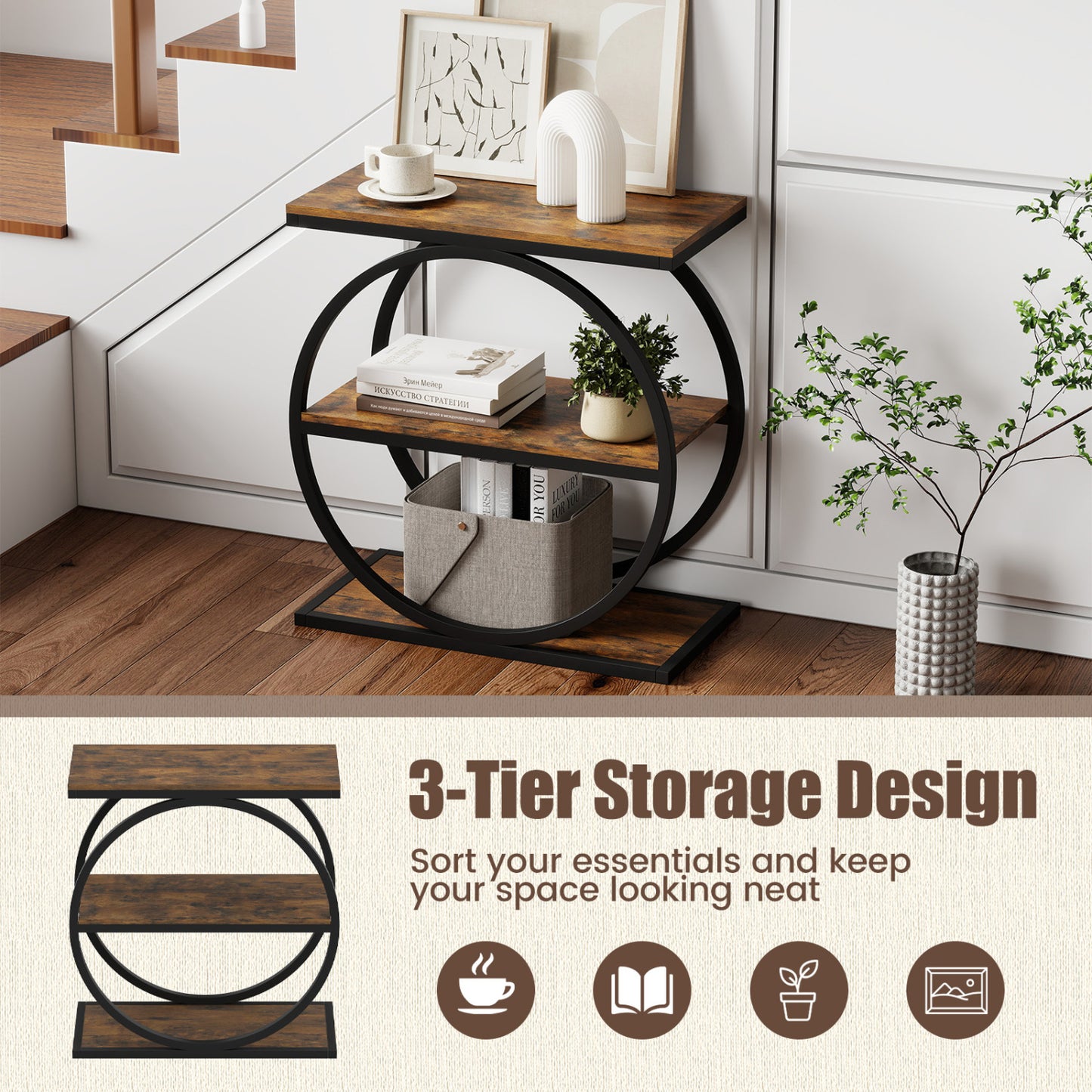 Industrial 3-Tier Side Table Set with Faux Marble Top