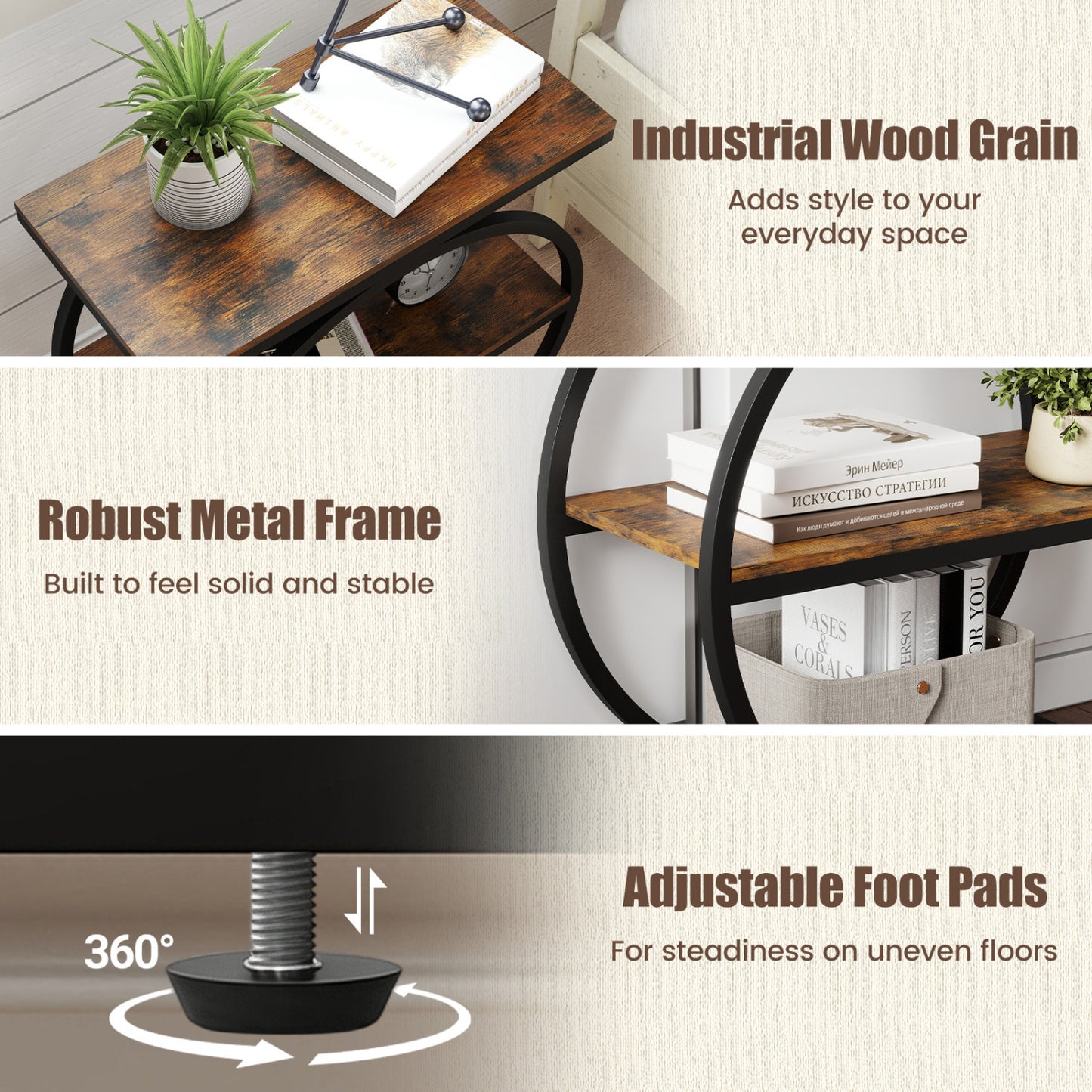 Industrial 3-Tier Side Table Set with Faux Marble Top