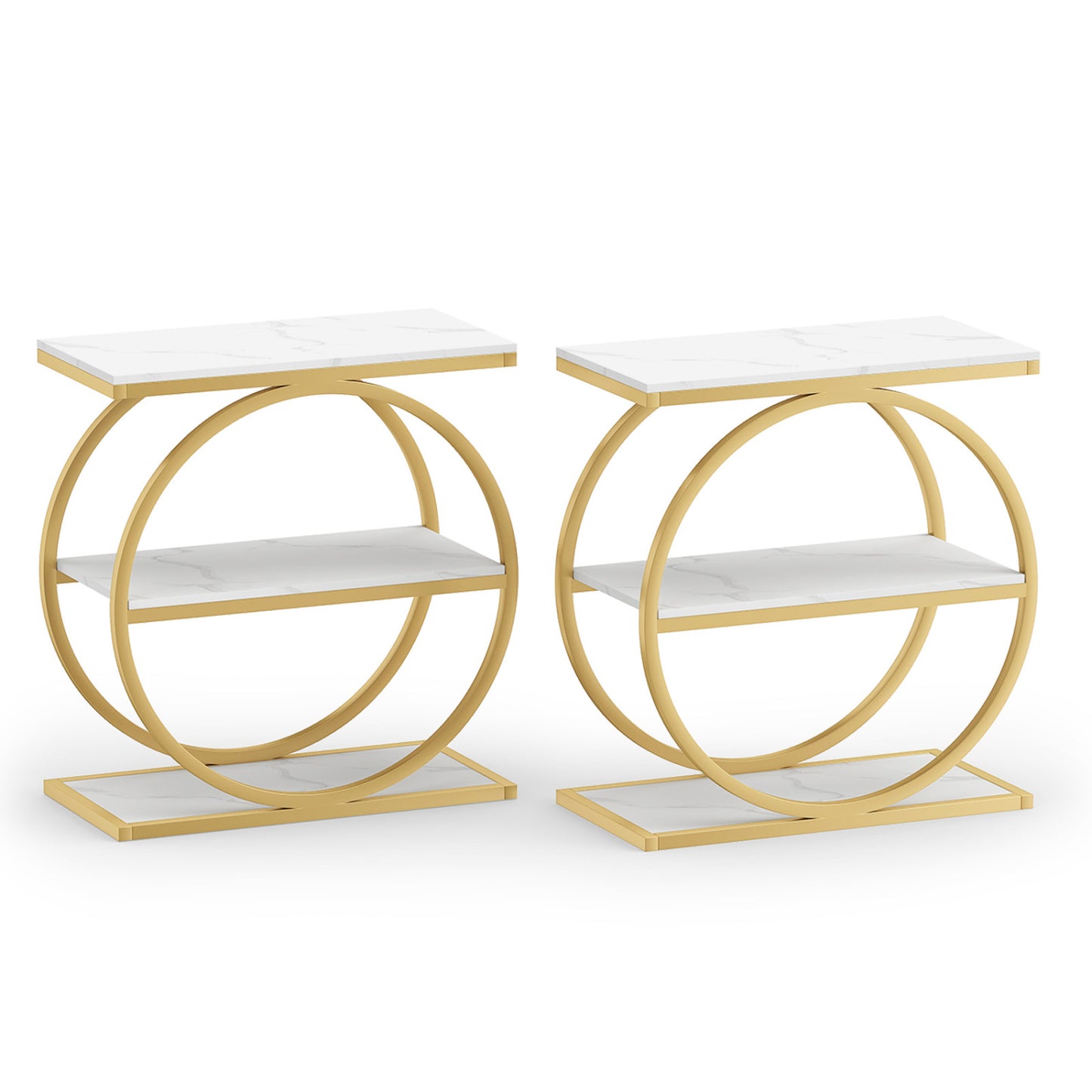 Industrial 3-Tier Side Table Set with Faux Marble Top