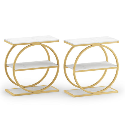 Industrial 3-Tier Side Table Set with Faux Marble Top