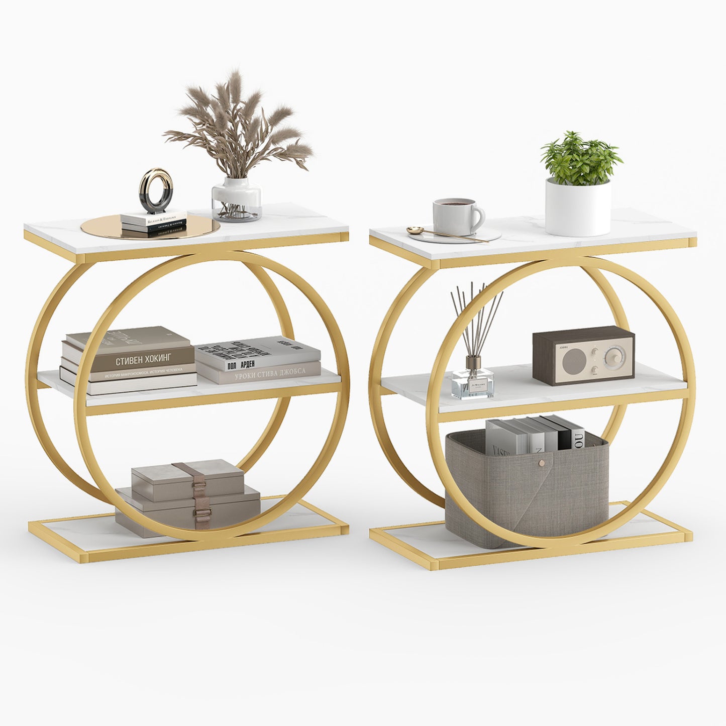 Industrial 3-Tier Side Table Set with Faux Marble Top