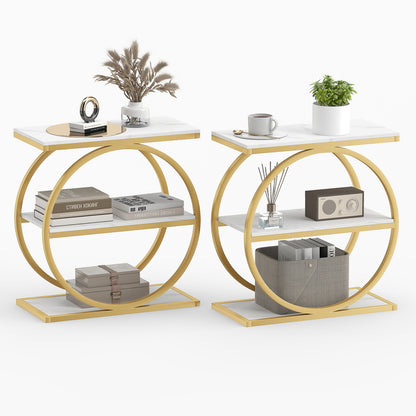 Industrial 3-Tier Side Table Set with Faux Marble Top
