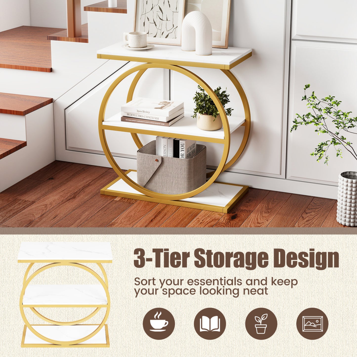 Industrial 3-Tier Side Table Set with Faux Marble Top