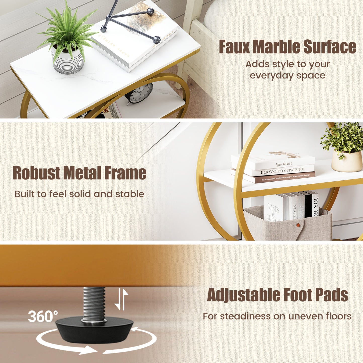 Industrial 3-Tier Side Table Set with Faux Marble Top