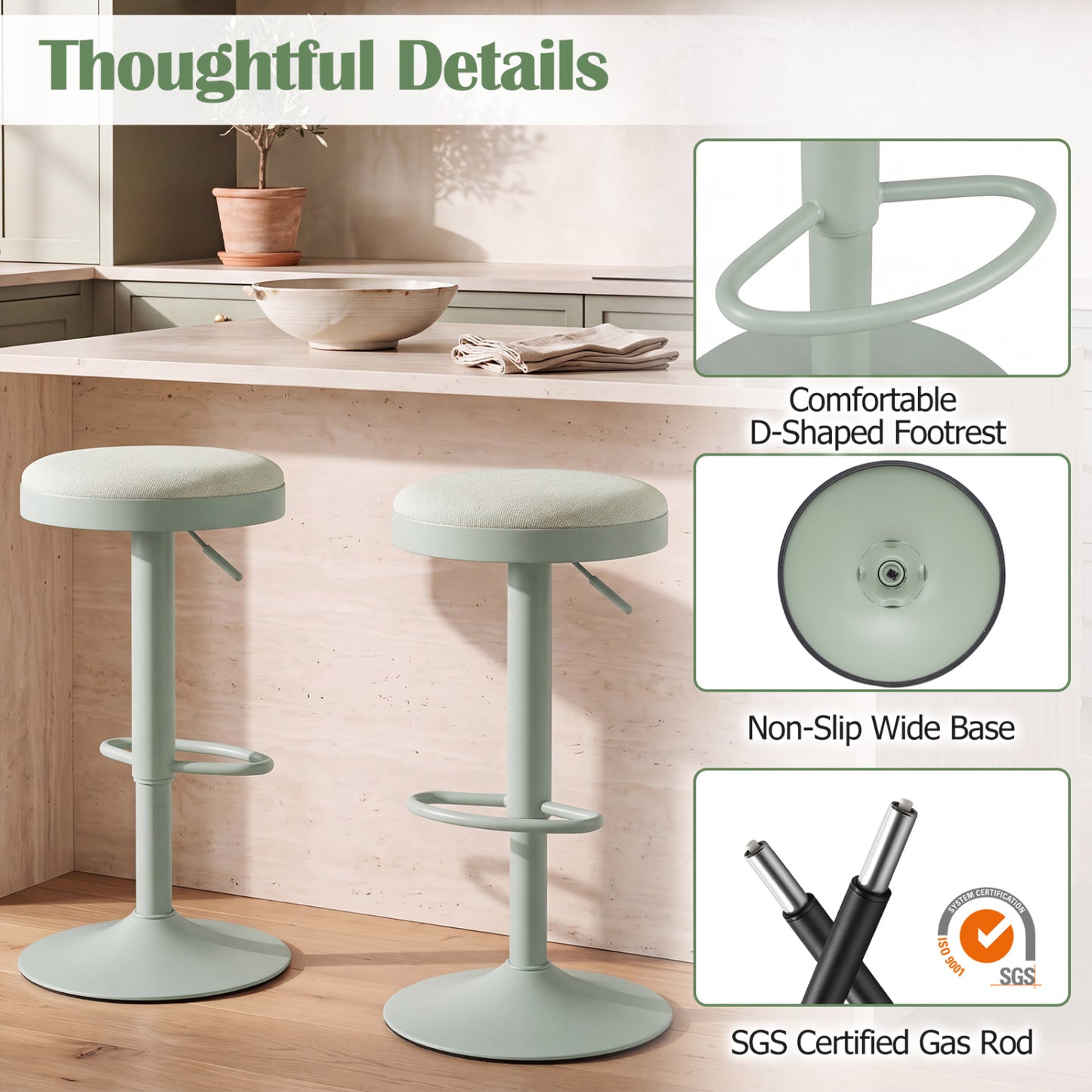 Adjustable Bar Stools Set of 2 with Padded Seat