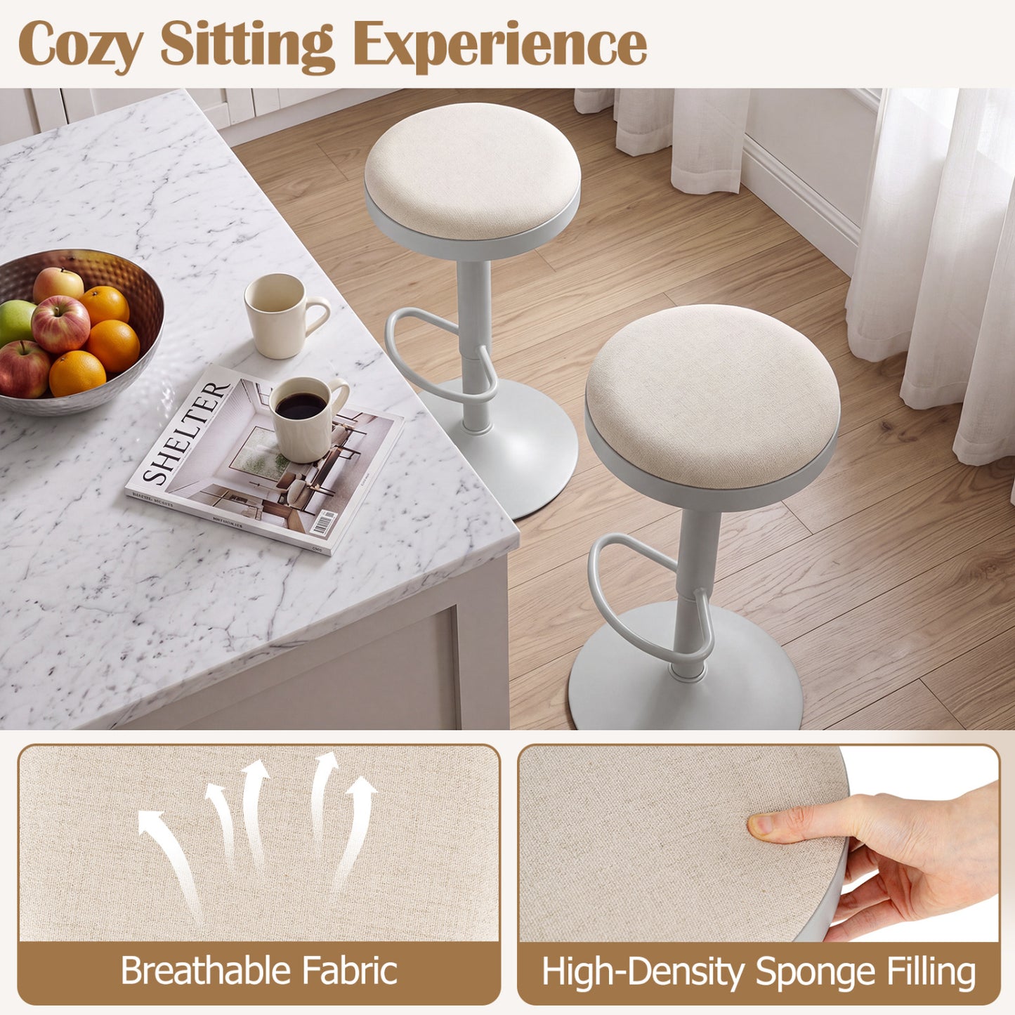 Adjustable Bar Stools Set of 2 with Padded Seat
