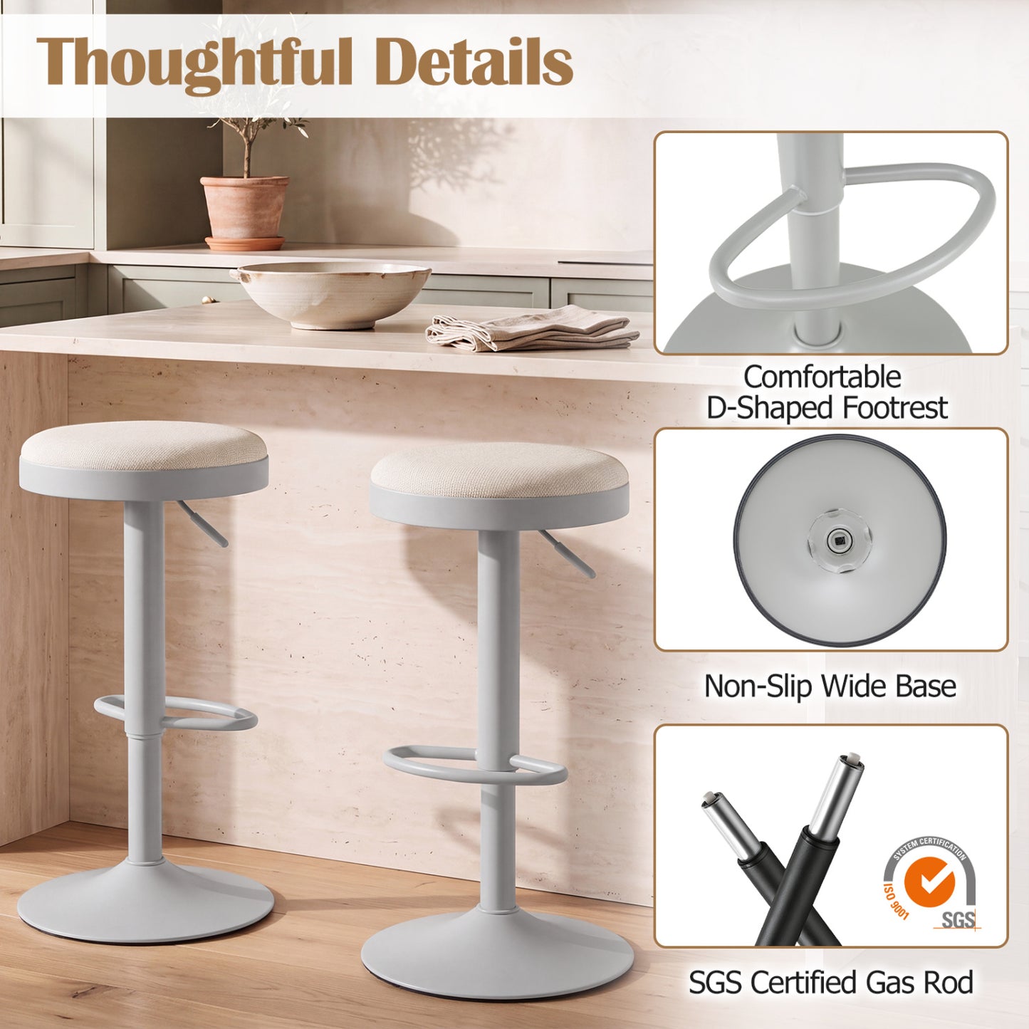 Adjustable Bar Stools Set of 2 with Padded Seat