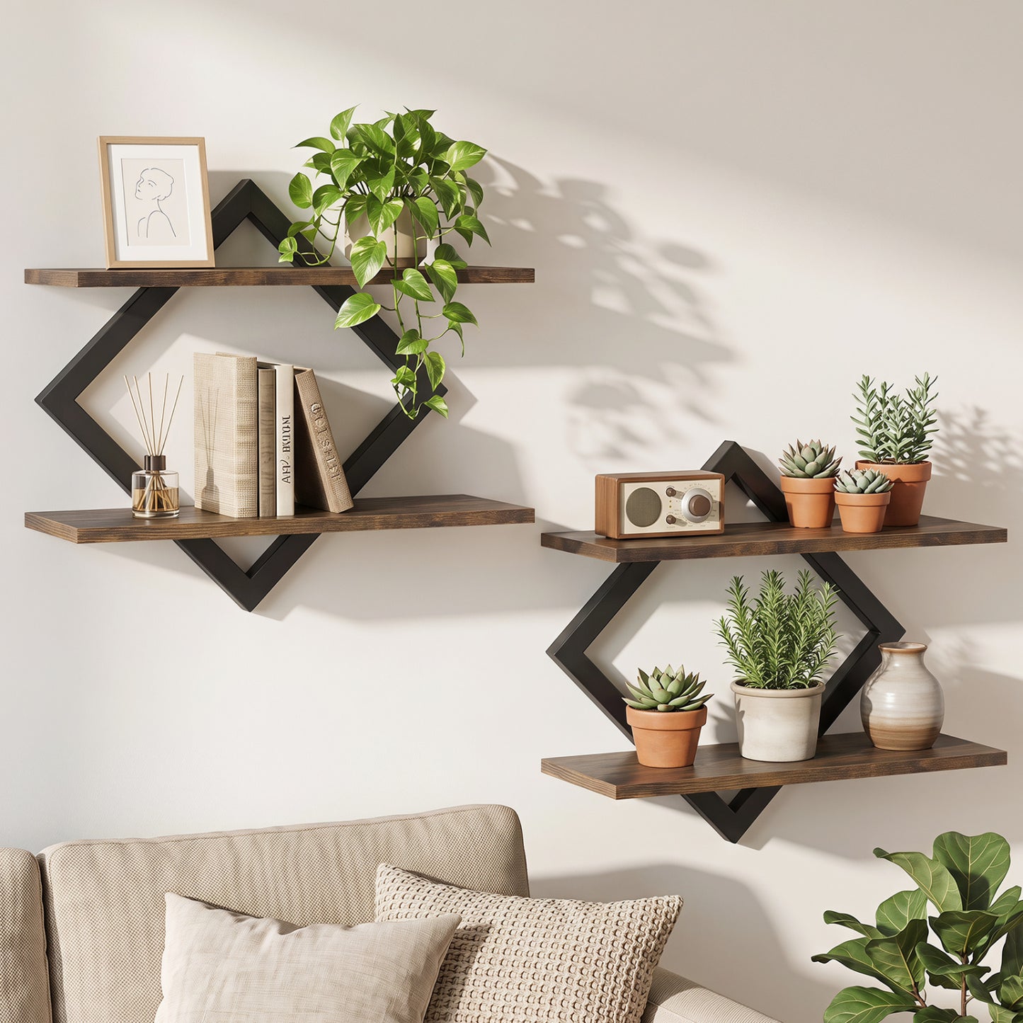 Metal Floating Wall Shelves Set of 2 with Geometric Frame