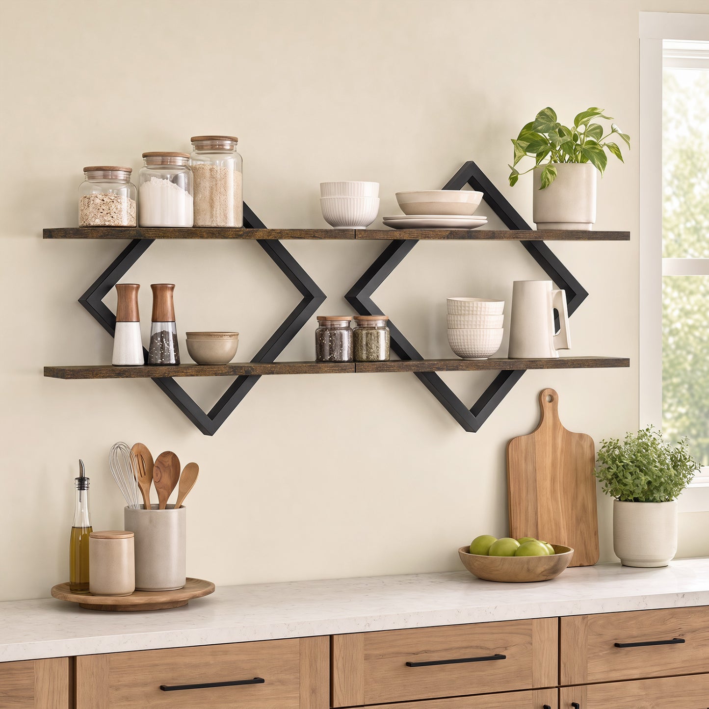 Metal Floating Wall Shelves Set of 2 with Geometric Frame