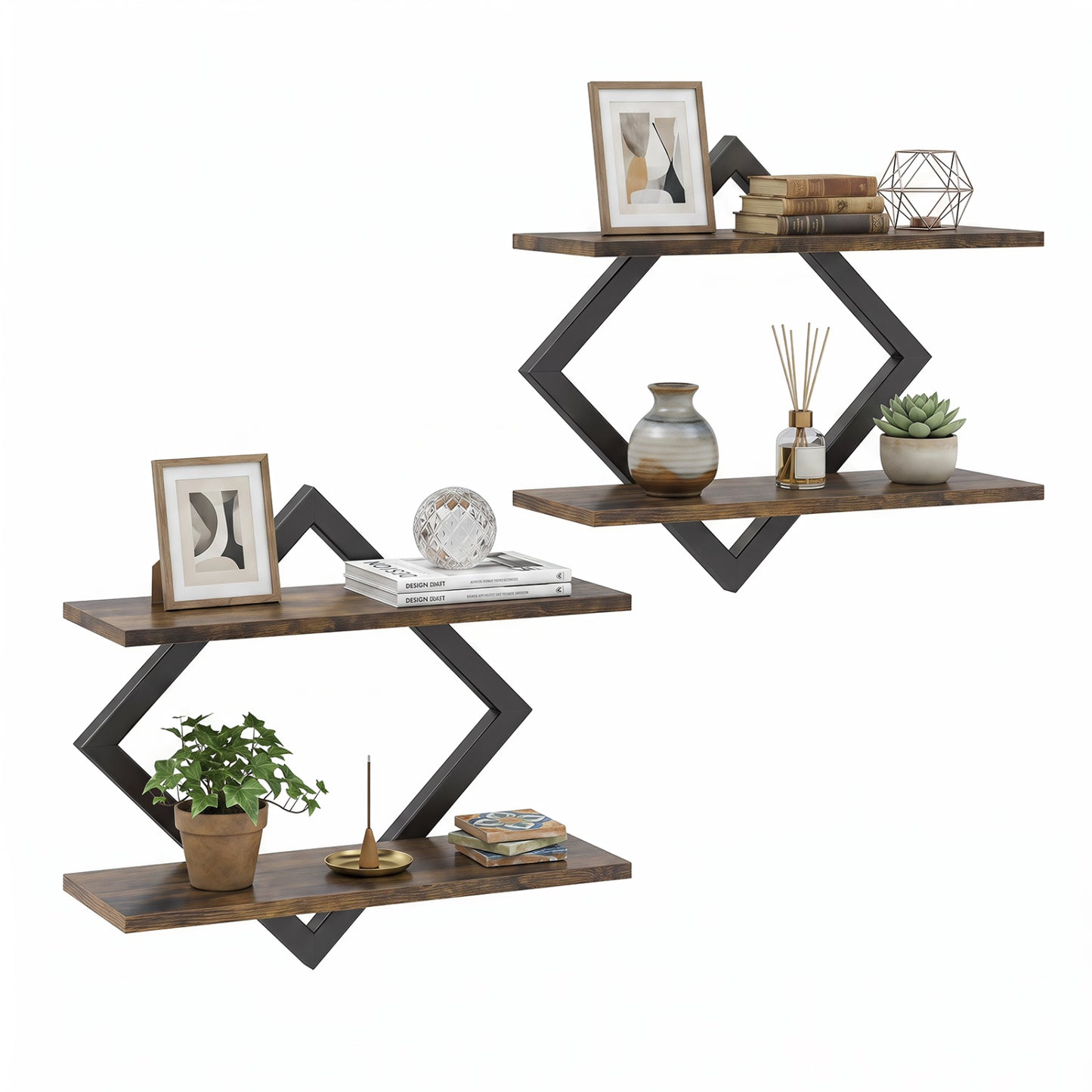 Metal Floating Wall Shelves Set of 2 with Geometric Frame