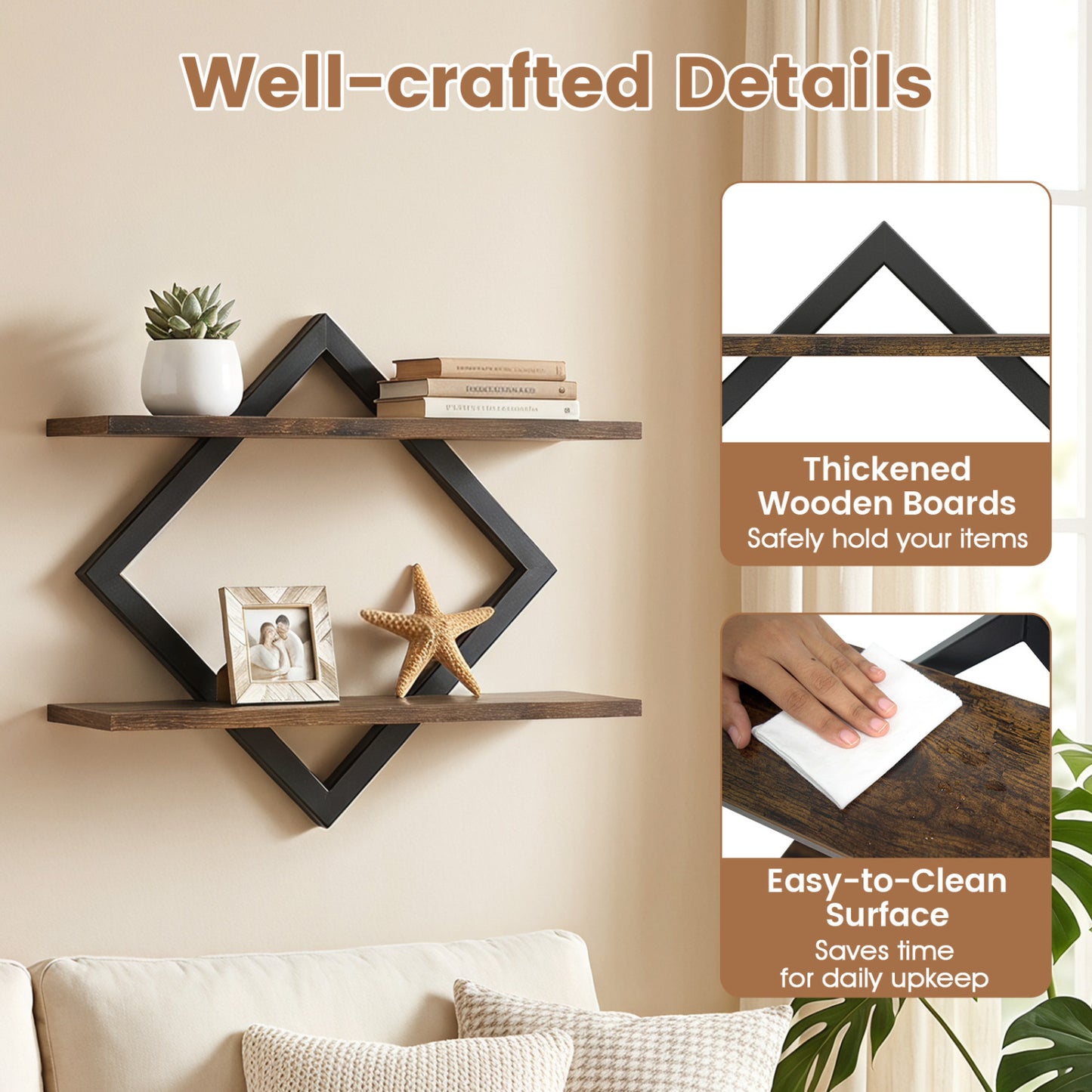 Metal Floating Wall Shelves Set of 2 with Geometric Frame
