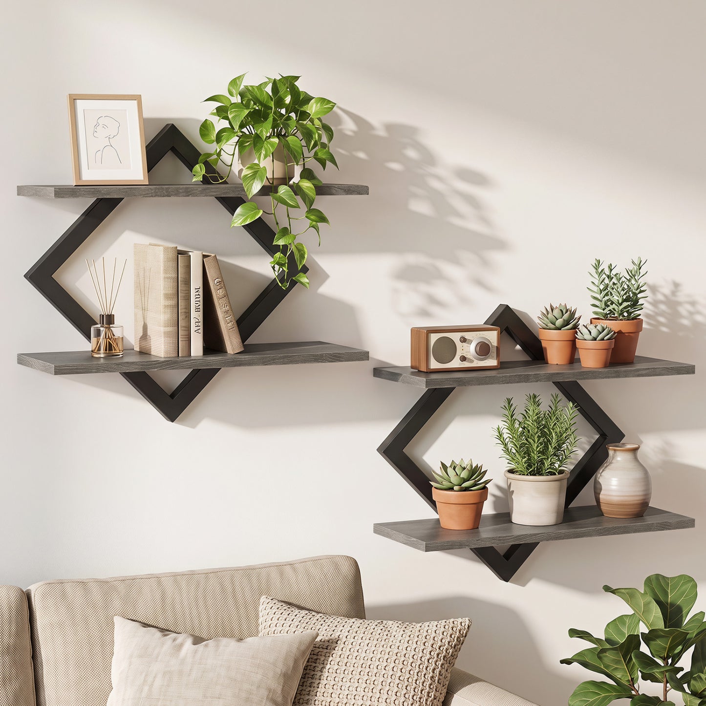 Metal Floating Wall Shelves Set of 2 with Geometric Frame