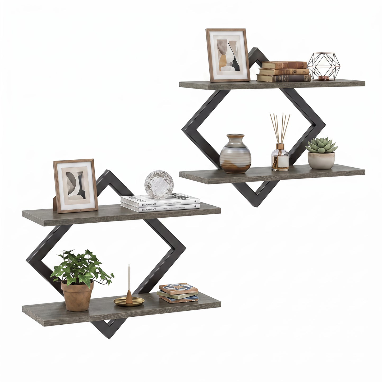 Metal Floating Wall Shelves Set of 2 with Geometric Frame