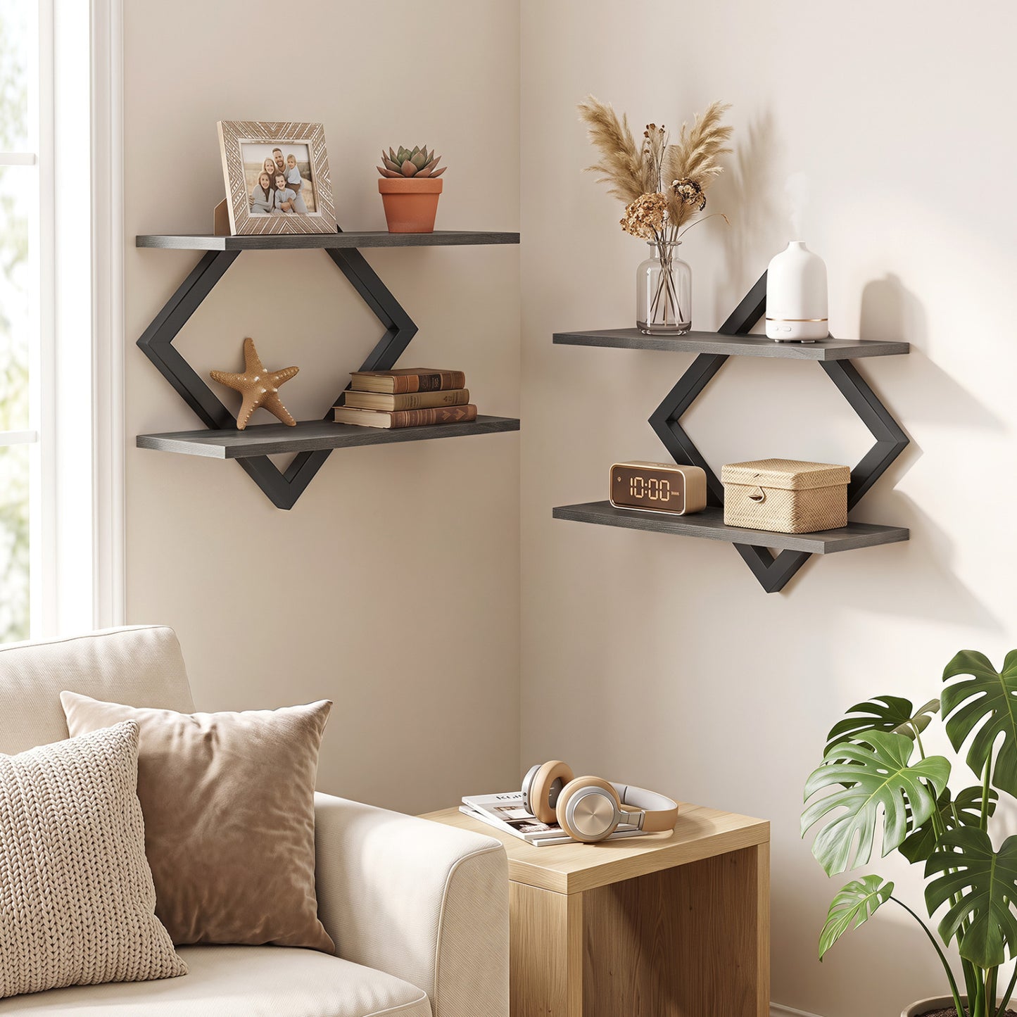Metal Floating Wall Shelves Set of 2 with Geometric Frame