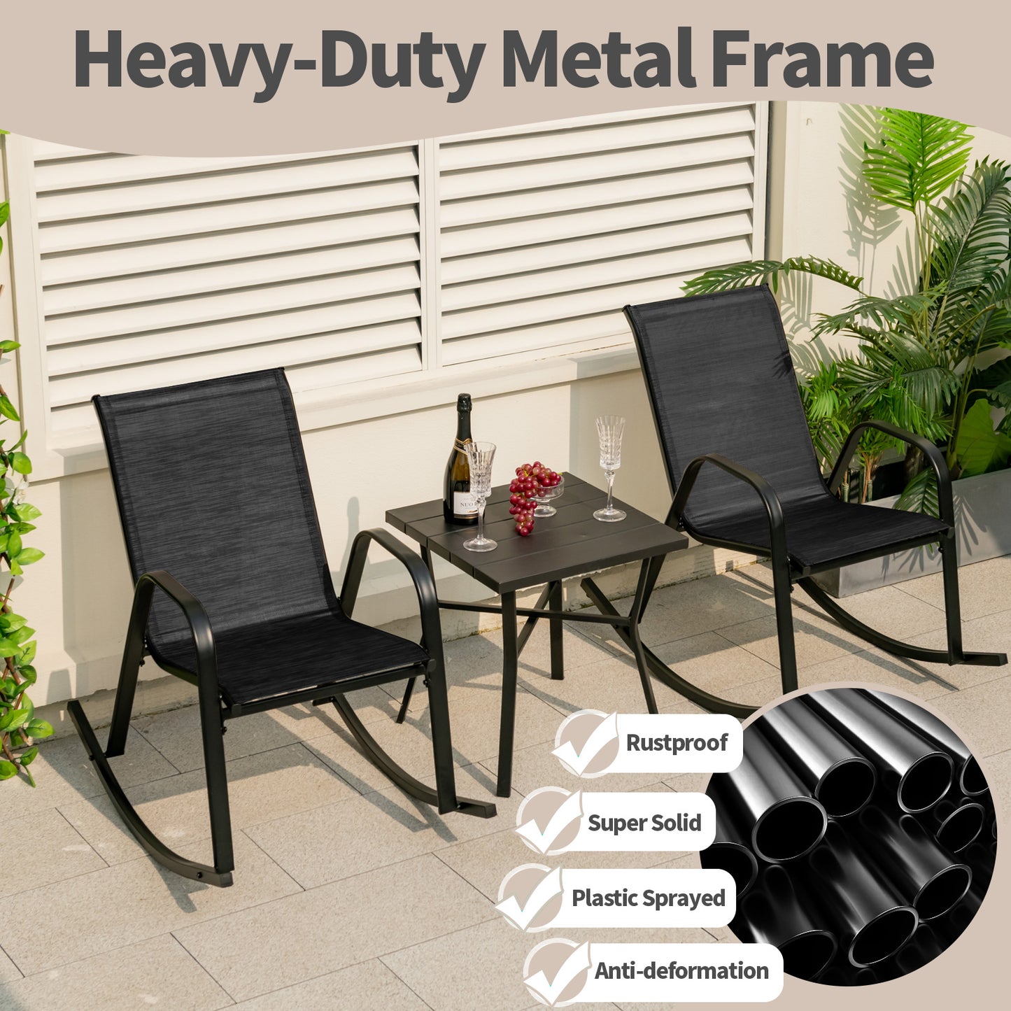 Set of 2 Metal Patio Rocking Chair with Breathable Seat Fabric-Black