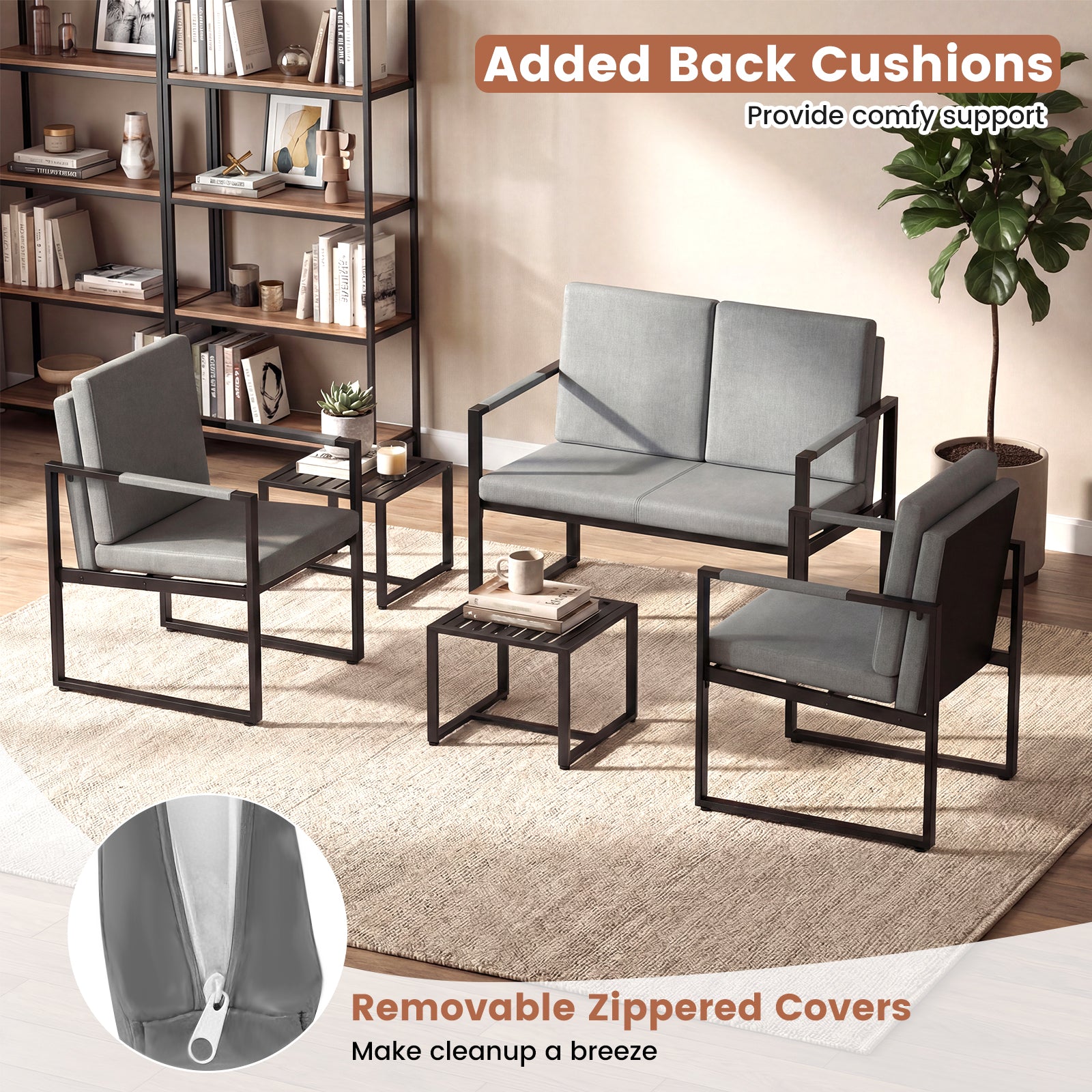 Set of 2 Mid Century Modern Single Sofa Chairs with Cushions-Gray