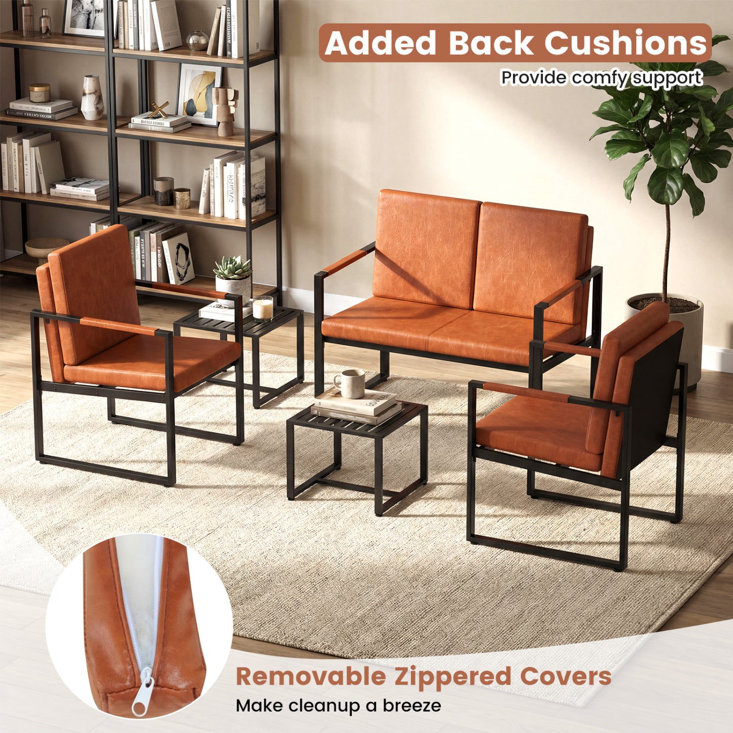 Set of 2 Mid Century Modern Single Sofa Chairs with Cushions-Brown