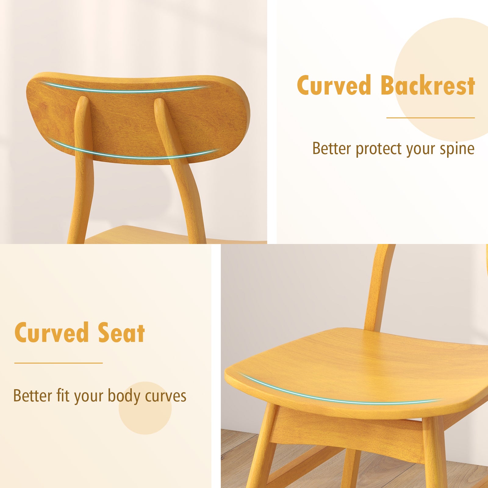 Set of 2 Modern Dining Chairs with Curved Backrest and Seat-Natural