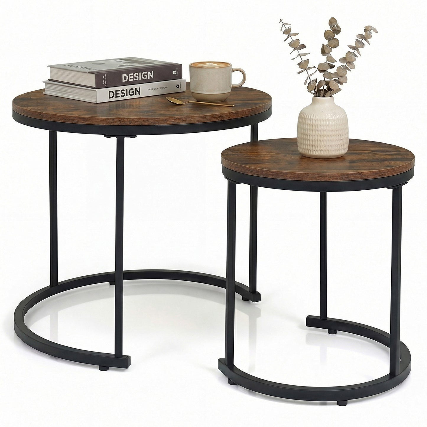 Set of 2 Modern Round Stacking Nesting Coffee Tables for Living Room-Rustic Brown