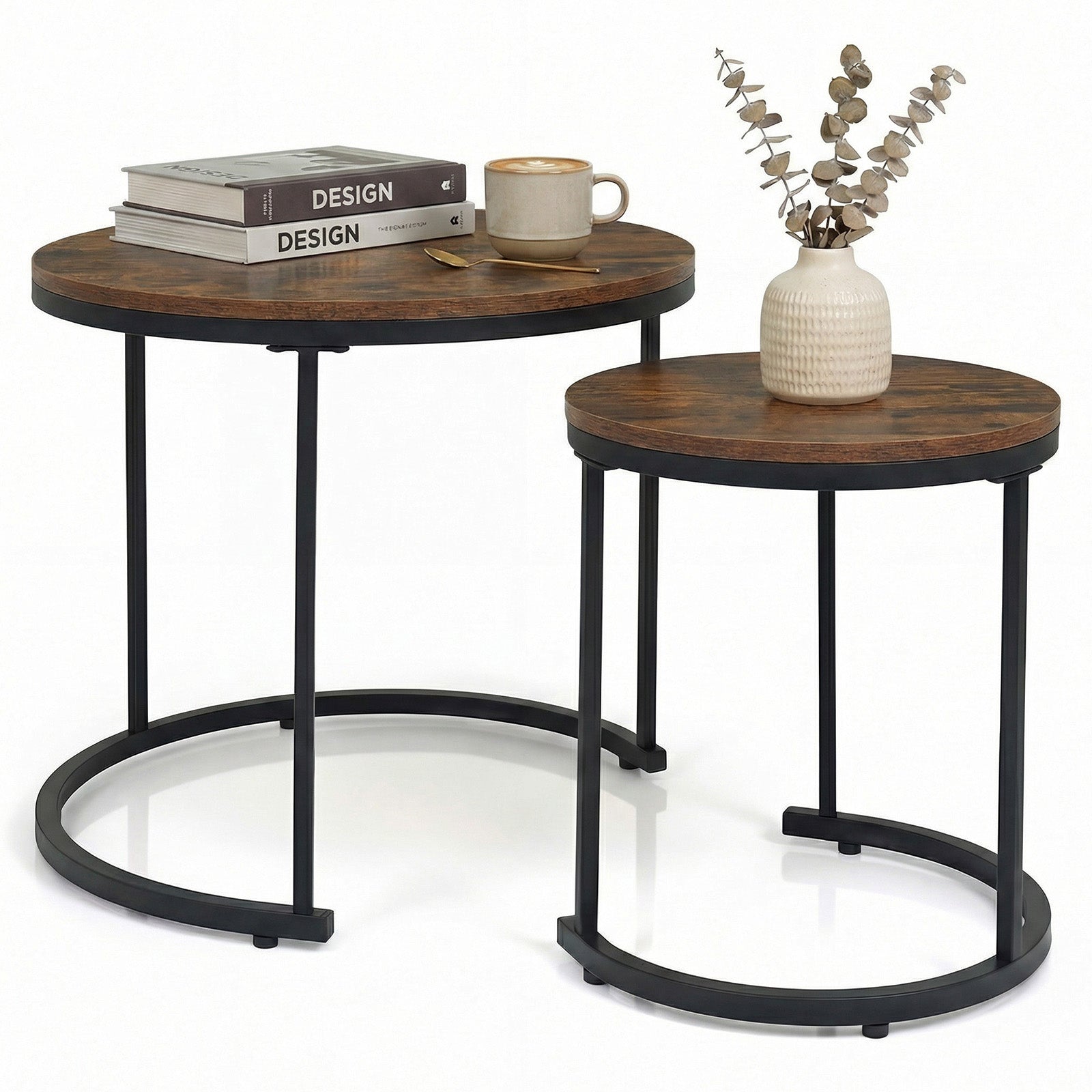 Set of 2 Modern Round Stacking Nesting Coffee Tables for Living Room-Rustic Brown