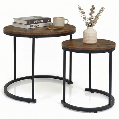 Set of 2 Modern Round Stacking Nesting Coffee Tables for Living Room-Rustic Brown