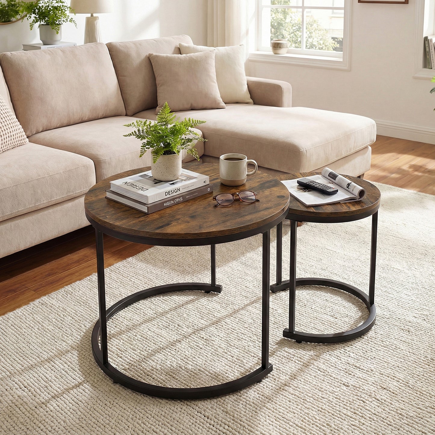 Set of 2 Modern Round Stacking Nesting Coffee Tables for Living Room-Rustic Brown
