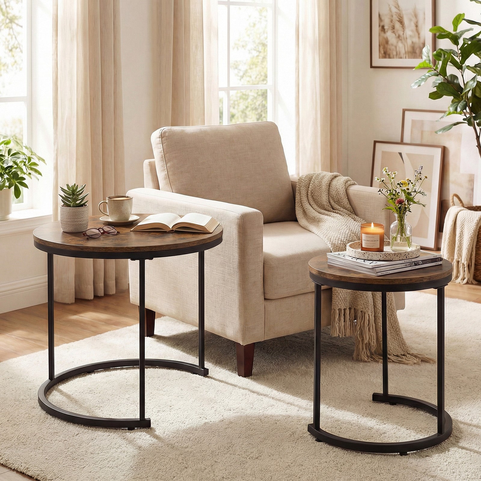 Set of 2 Modern Round Stacking Nesting Coffee Tables for Living Room-Rustic Brown