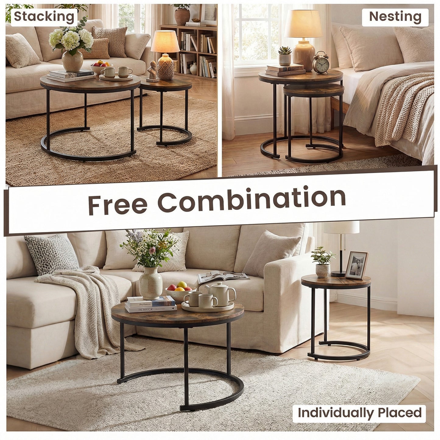 Set of 2 Modern Round Stacking Nesting Coffee Tables for Living Room-Rustic Brown