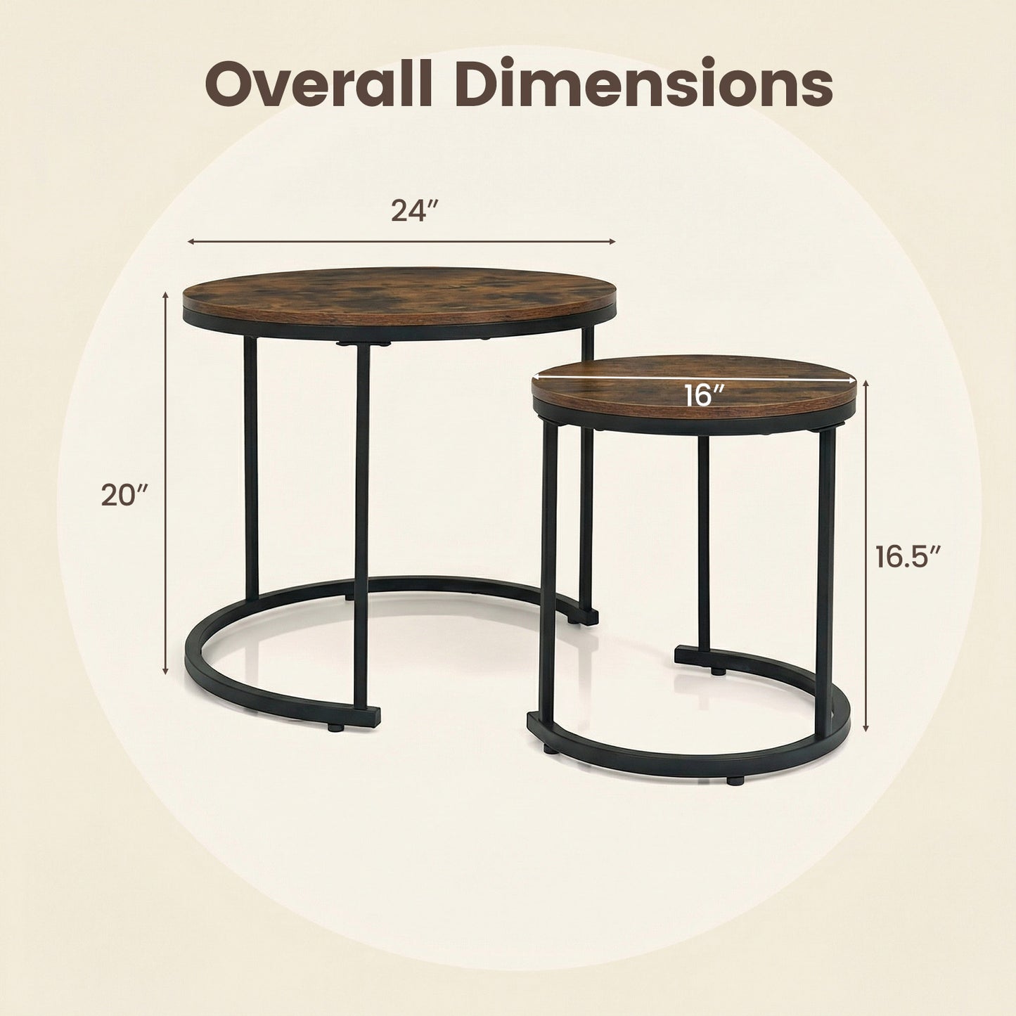 Set of 2 Modern Round Stacking Nesting Coffee Tables for Living Room-Rustic Brown