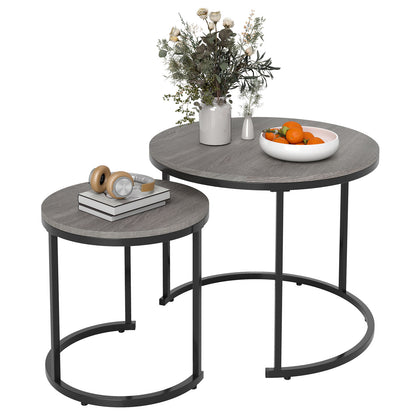 Set of 2 Modern Round Stacking Nesting Coffee Tables-Oak