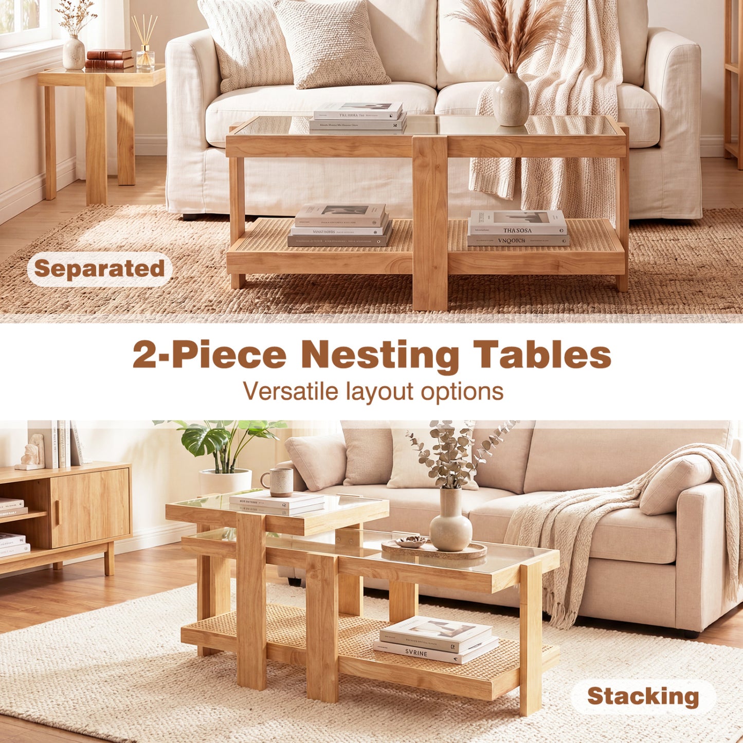 Nesting Coffee Tables Set of 2 with Rattan Shelf - Natural