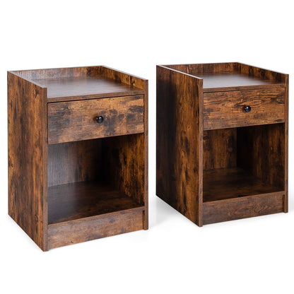 Set of 2 Nightstand with Drawer Cabinet End Side Table Raised Top-Brown - Brown