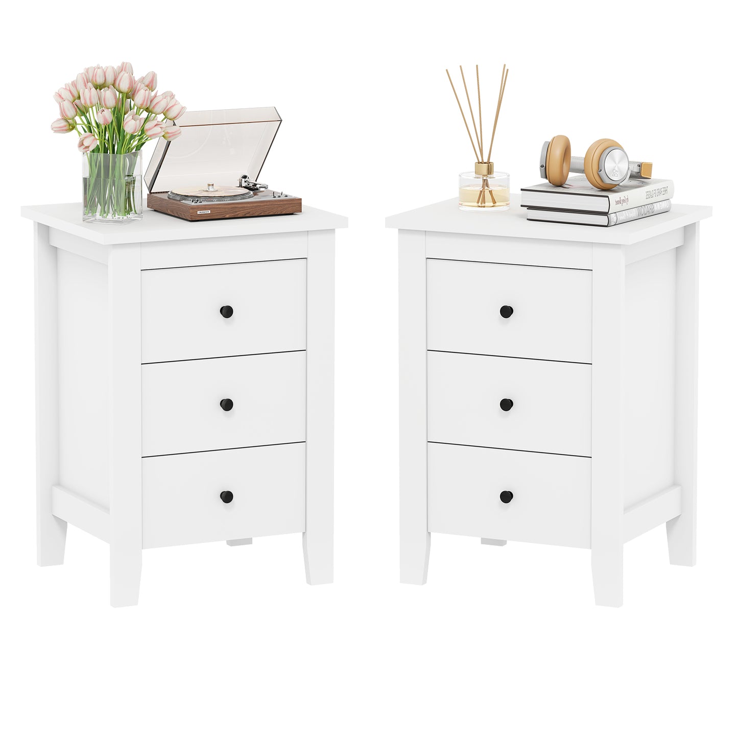 Set of 2 Nightstand End Beside Table Drawers-White - White