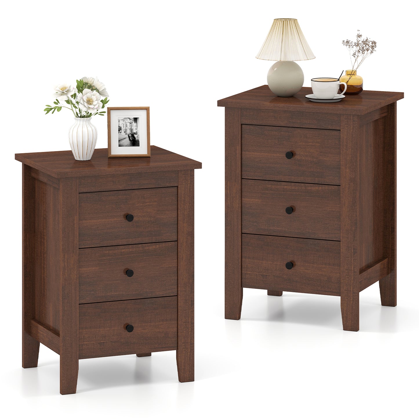 Set of 2 Nightstand End Beside Table Drawers-White - Walnut