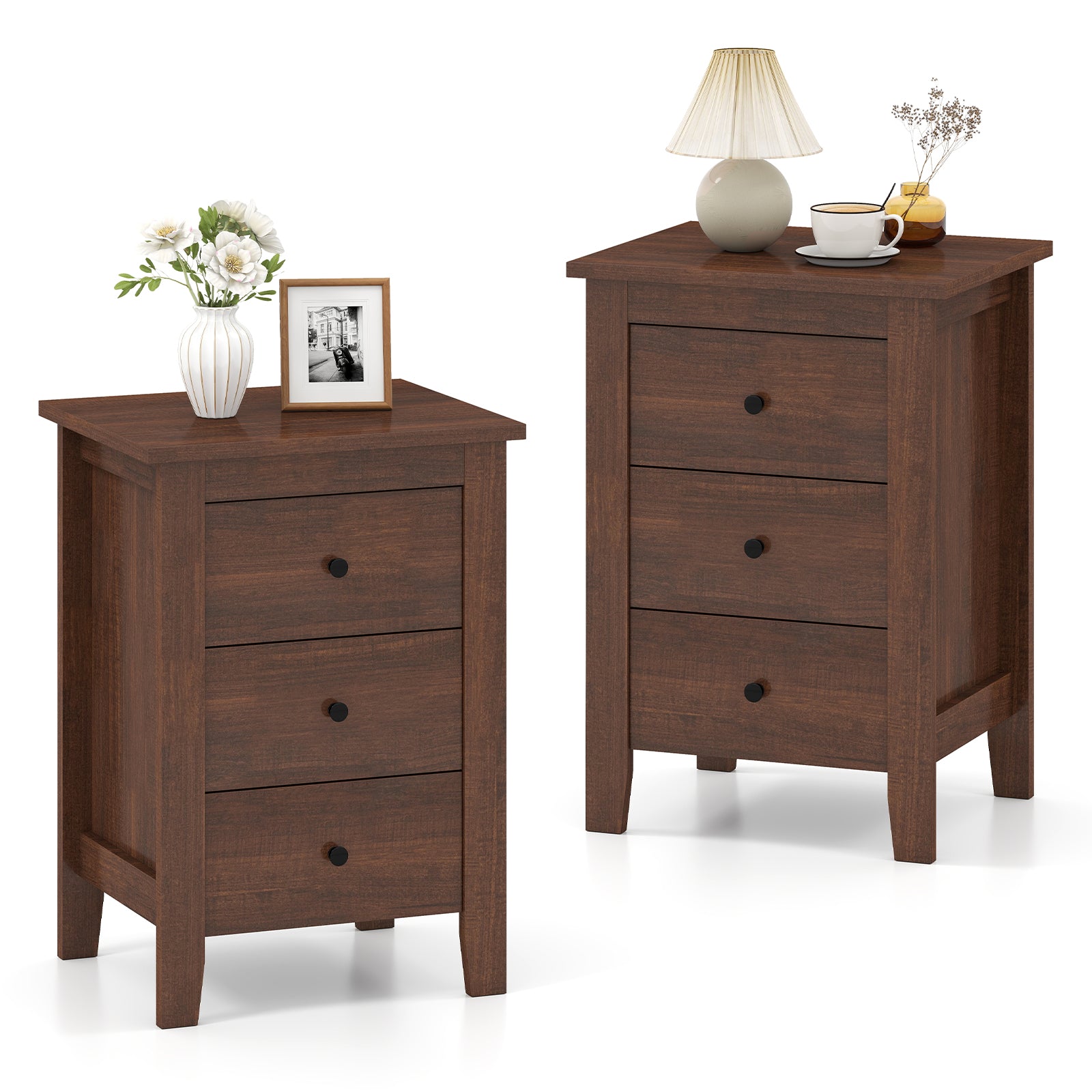 Set of 2 Nightstand End Beside Table Drawers-White - Walnut
