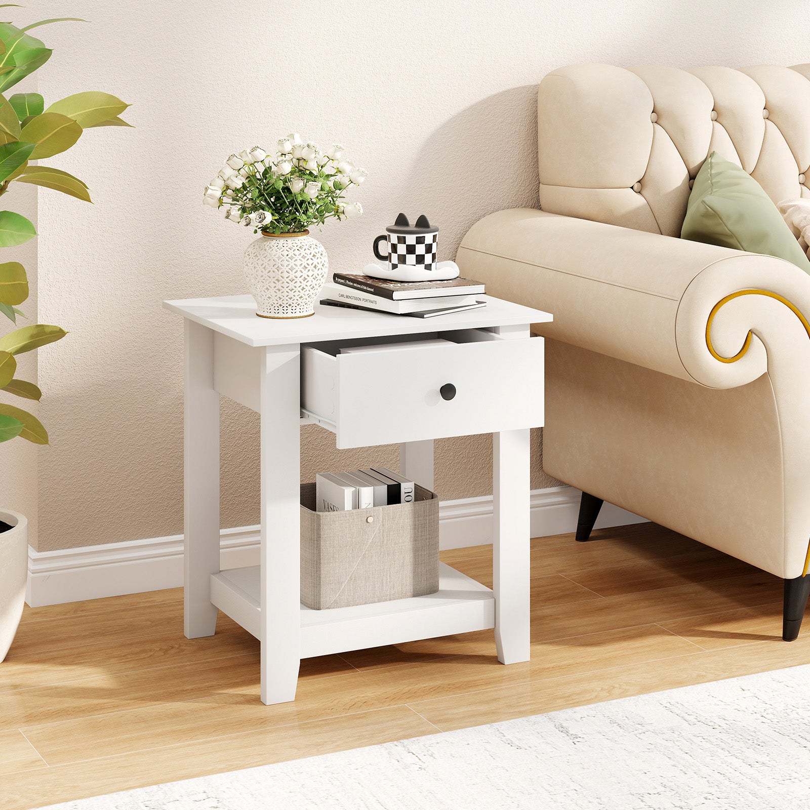 Set of 2 Nightstand with Drawer 3-Tier Modern Bedside Table with Open Shelf and Storage-White