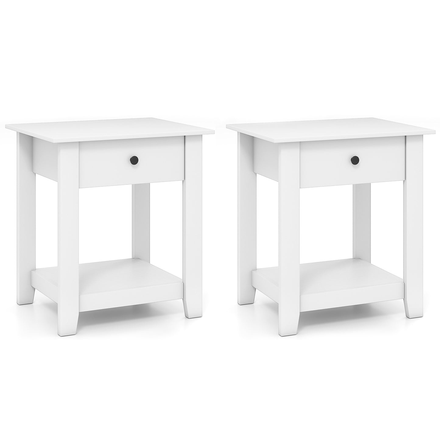 Set of 2 Nightstand with Drawer 3-Tier Modern Bedside Table with Open Shelf and Storage-White