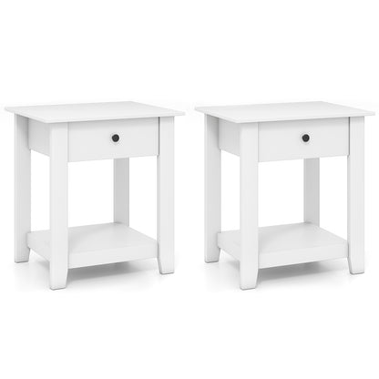 Set of 2 Nightstand with Drawer 3-Tier Modern Bedside Table with Open Shelf and Storage-White