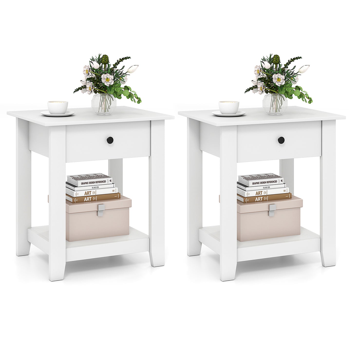 Set of 2 Nightstand with Drawer 3-Tier Modern Bedside Table with Open Shelf and Storage-White