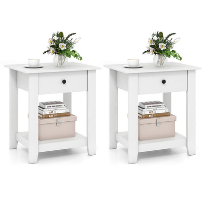 Set of 2 Nightstand with Drawer 3-Tier Modern Bedside Table with Open Shelf and Storage-White
