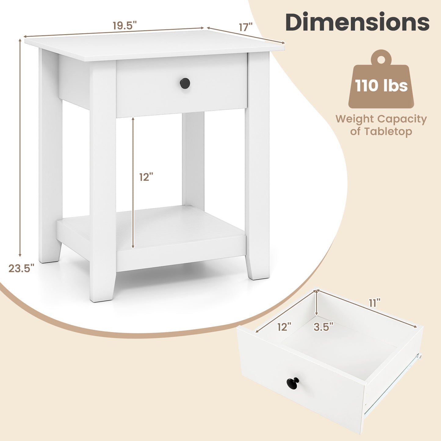 Set of 2 Nightstand with Drawer 3-Tier Modern Bedside Table with Open Shelf and Storage-White