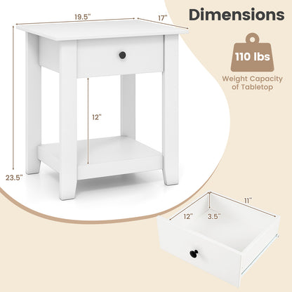 Set of 2 Nightstand with Drawer 3-Tier Modern Bedside Table with Open Shelf and Storage-White