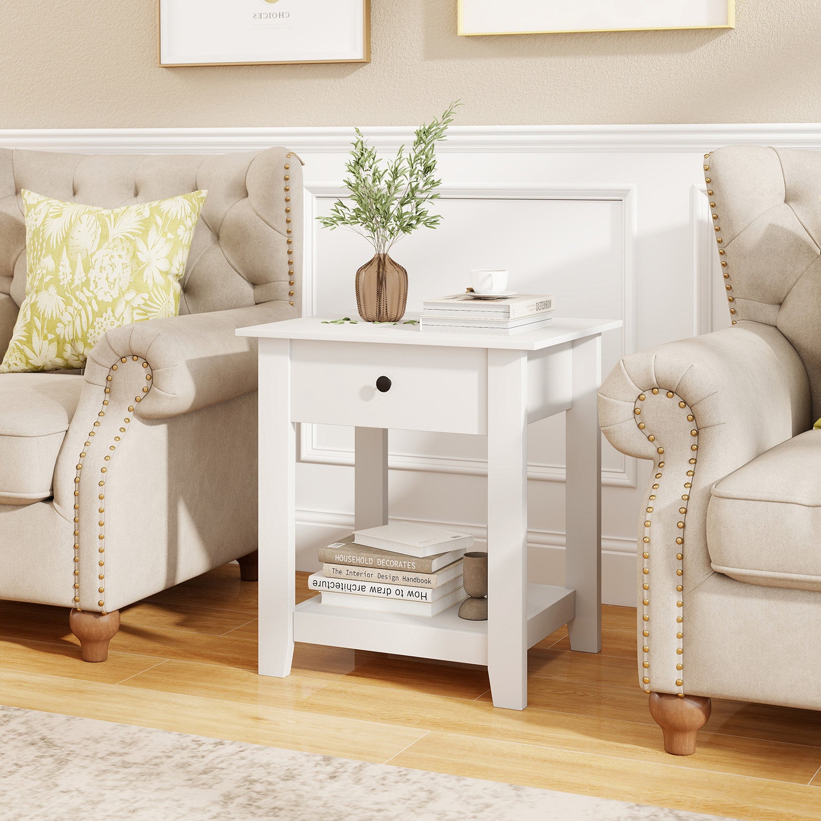 Set of 2 Nightstand with Drawer 3-Tier Modern Bedside Table with Open Shelf and Storage-White