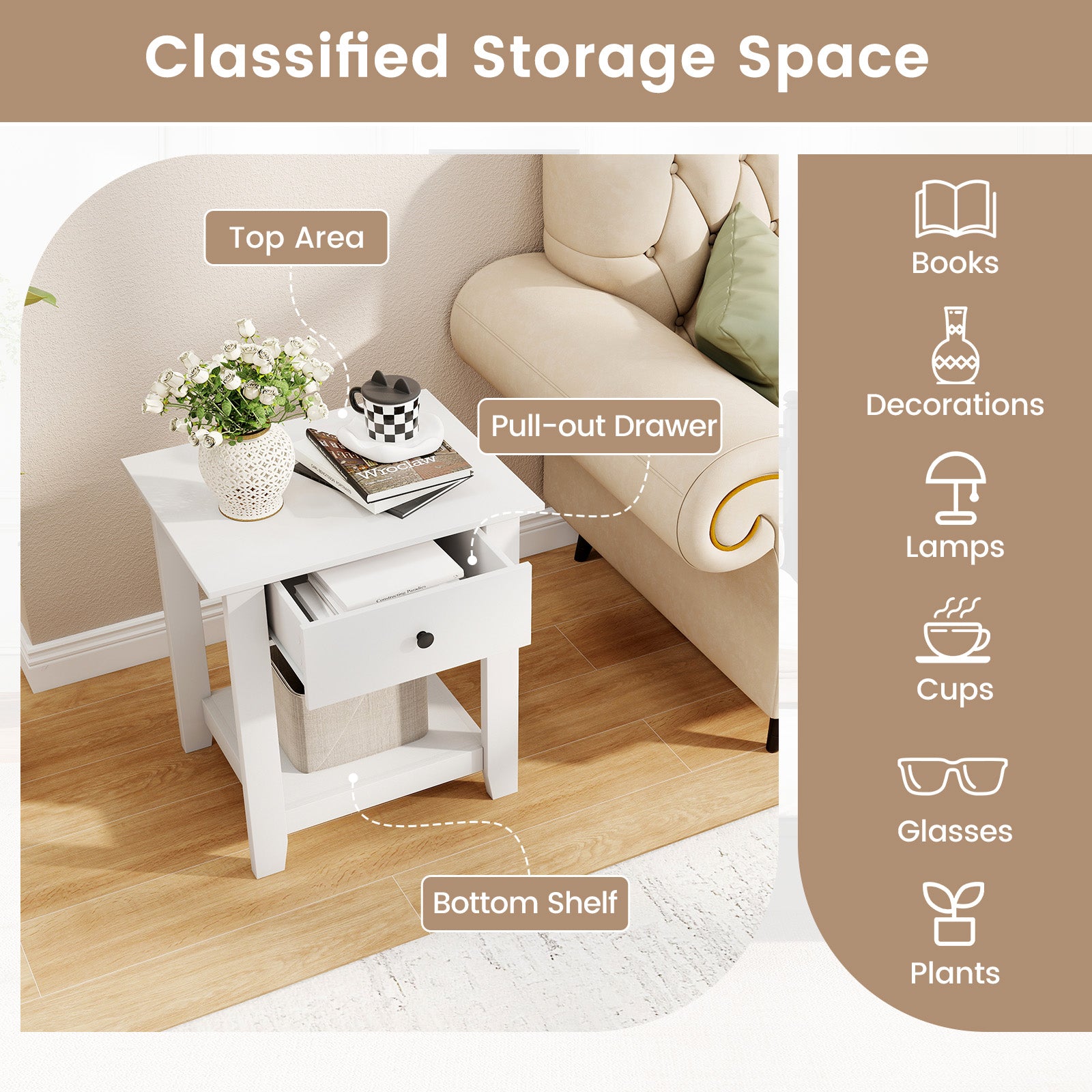 Set of 2 Nightstand with Drawer 3-Tier Modern Bedside Table with Open Shelf and Storage-White