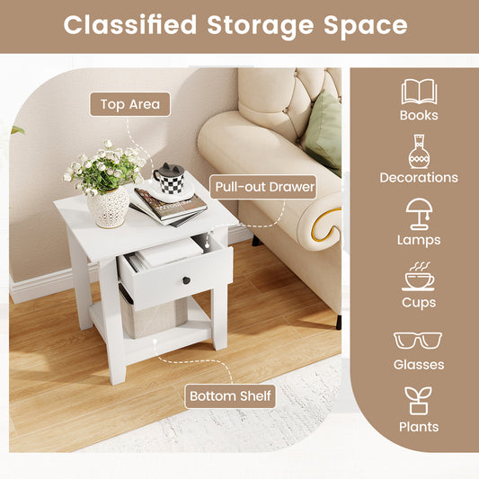 Set of 2 Nightstand with Drawer 3-Tier Modern Bedside Table with Open Shelf and Storage-White