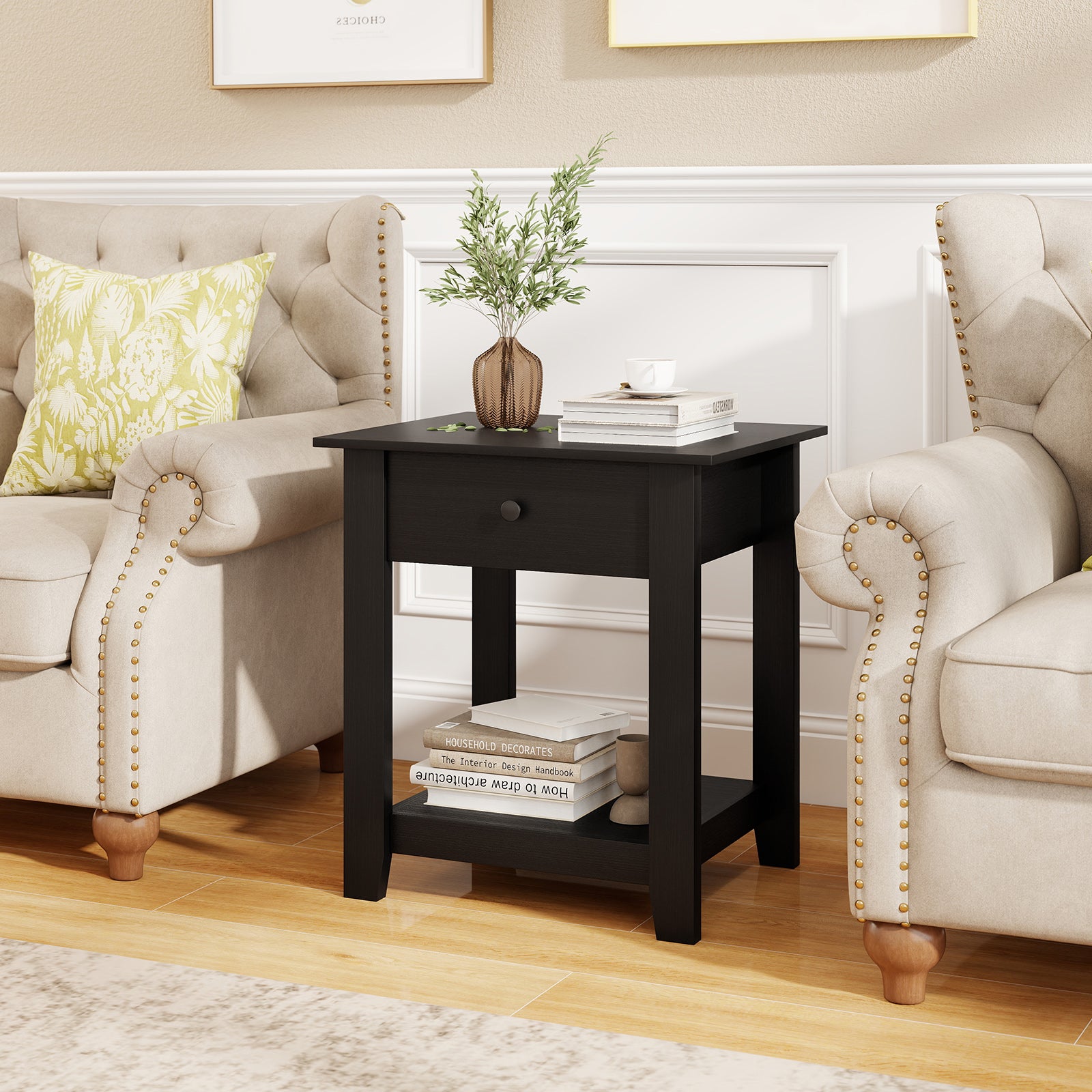 Set of 2 Nightstand with Drawer 3-Tier Modern Bedside Table with Open Shelf and Storage-Black